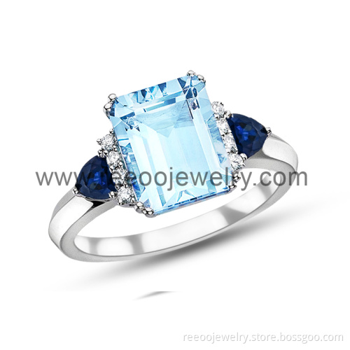 Sterling Silver CZ Crown Set Princess Aquamarine Color Ring